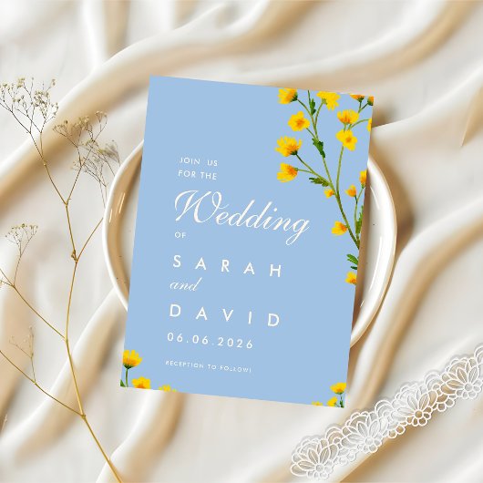 Blaue und gelbe Butterblume bearbeitbare Hochzeit Einladung