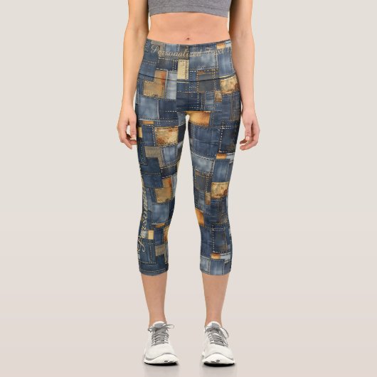 Blaue und gelbe Denim-Patchwork: Benutzerdefiniert Capri Leggings (Vorderseite)