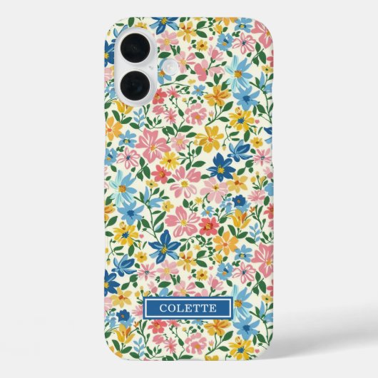 Blaue und gelbe Ditsy-Blumen monogrammiert Case-Mate iPhone Hülle (Rückseite)