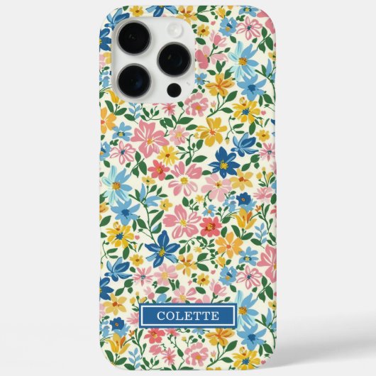 Blaue und gelbe Ditsy-Blumen monogrammiert Case-Mate iPhone Hülle (Rückseite)