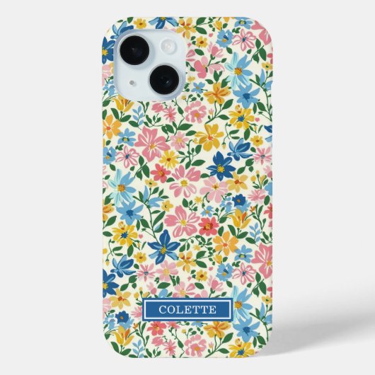 Blaue und gelbe Ditsy-Blumen monogrammiert Case-Mate iPhone Hülle (Rückseite)