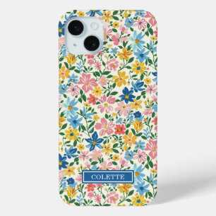 Blaue und gelbe Ditsy-Blumen monogrammiert Case-Mate iPhone Hülle