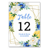 Blaue und gelbe florale Hochzeit Tischnummer (Rückseite)
