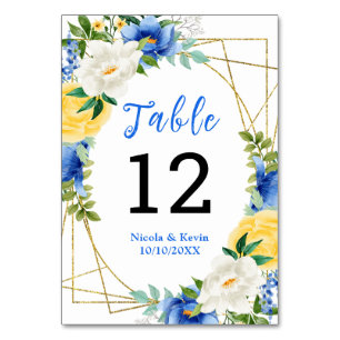 Blaue und gelbe florale Hochzeit Tischnummer