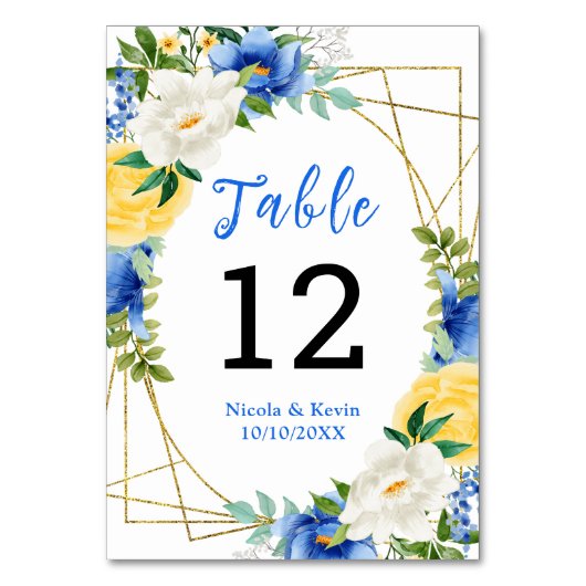 Blaue und gelbe florale Hochzeit Tischnummer (Vorderseite)