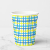 Blaue und gelbe Gingham-Party-Papierbecher Pappbecher (Vorderseite)