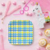 Blaue und gelbe Gingham-Party-Teller aus Papier Pappteller (Party)