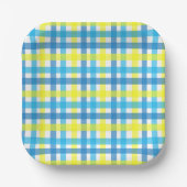 Blaue und gelbe Gingham-Party-Teller aus Papier Pappteller (Vorderseite)