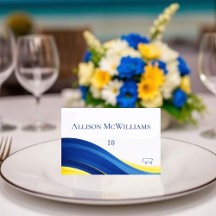 Blaue und gelbe Hochzeitsplatzkarten Schweinefleis