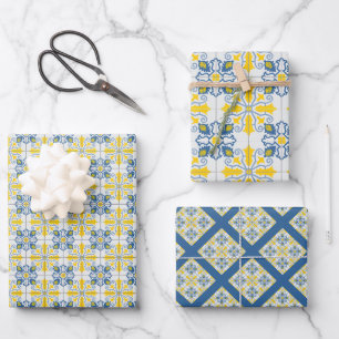 Blaue und gelbe hübsche portugiesische Fliesen Geschenkpapier Set