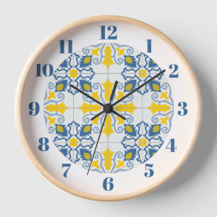 Blaue und gelbe hübsche portugiesische Fliesen Uhr