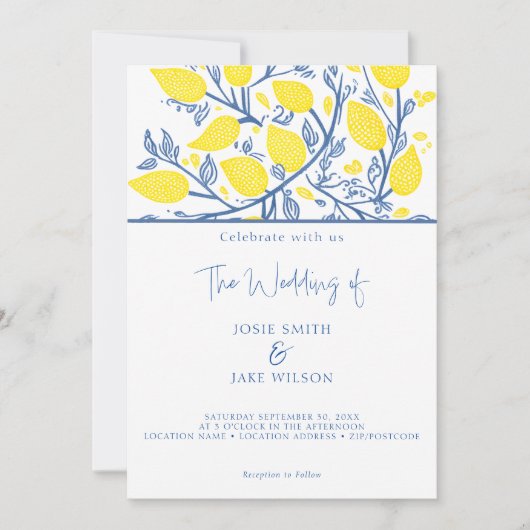 Blaue und gelbe hübsche Zitronenweine Einladung (Vorderseite)