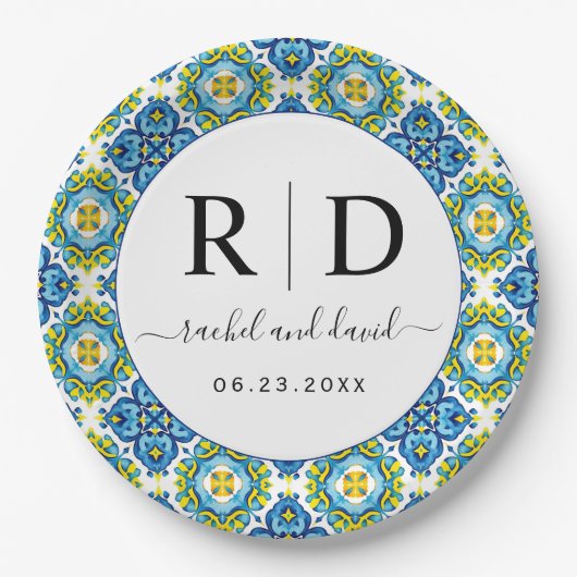 Blaue und gelbe Kacheln Pappteller (Vorderseite)