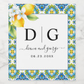 Blaue und gelbe Kacheln, Zitronenhochzeit Weinetikett (Einzelnes Label)