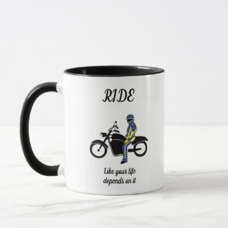 Blaue und gelbe Leathers bei einem Motorradrennen Tasse