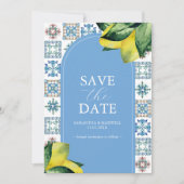 Blaue und gelbe Lemon Amalfi Hochzeitsankündigunge Save The Date (Vorderseite)