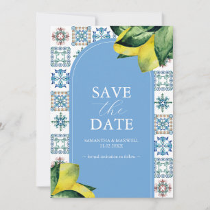 Blaue und gelbe Lemon Amalfi Hochzeitsankündigunge Save The Date