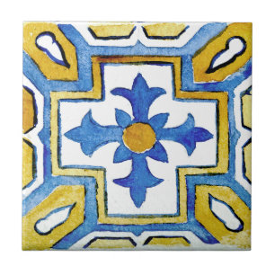 Blaue und gelbe mediterrane gemusterte Wasserfarbe Fliese