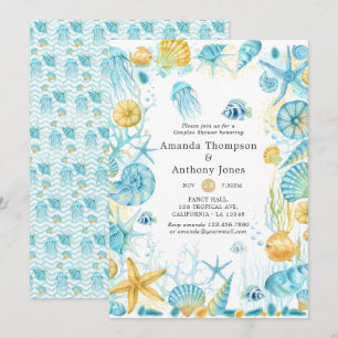 Blaue und gelbe Meerestiere Hochzeitspaar Dusche Einladung