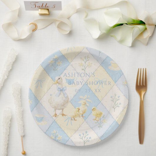 Blaue und gelbe Patchwork-Entenküken Baby Shower Pappteller (Hochzeit)