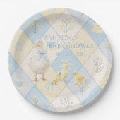 Blaue und gelbe Patchwork-Entenküken Baby Shower Pappteller (Vorderseite)