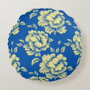 Blaue und gelbe Pfingstrosen-Toile - Französische  Rundes Kissen
