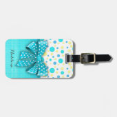 Blaue und gelbe Polka-Punkte, türkisblaue Schleife Gepäckanhänger (Vorderseite horizontal)