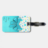 Blaue und gelbe Polka-Punkte, türkisblaue Schleife Gepäckanhänger (Rückseite horizontal)