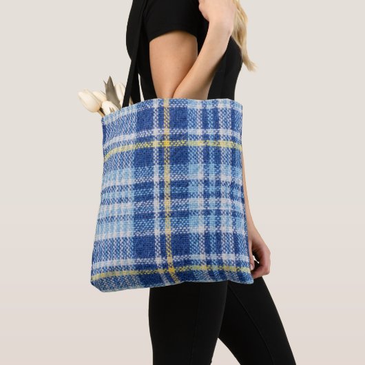 Blaue und gelbe Tartan oder karierter Hintergrund Tasche (Von Nahem)