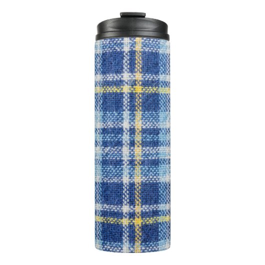 Blaue und gelbe Tartan oder karierter Hintergrund Thermosbecher (Vorderseite)