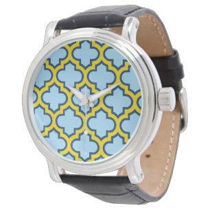 Blaue und gelbe Trellis, Gitter, Quatrefolie Armbanduhr