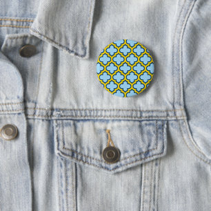 Blaue und gelbe Trellis, Gitter, Quatrefolie Button