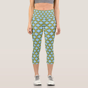 Blaue und gelbe Trellis, Gitter, Quatrefolie Capri Leggings