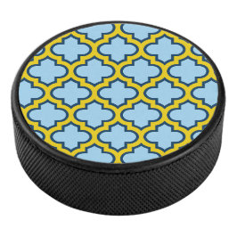 Blaue und gelbe Trellis, Gitter, Quatrefolie Eishockey Puck