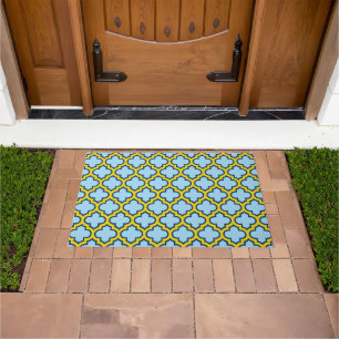 Blaue und gelbe Trellis, Gitter, Quatrefolie Fußmatte
