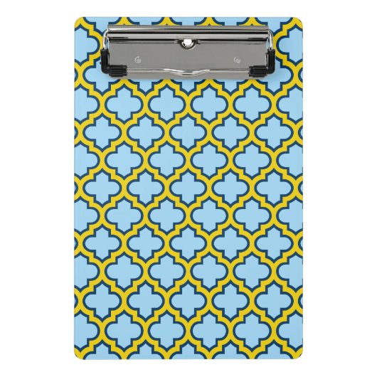 Blaue und gelbe Trellis, Gitter, Quatrefolie Mini Klemmbrett (Vorderseite)