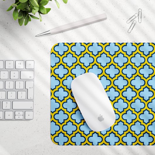 Blaue und gelbe Trellis, Gitter, Quatrefolie Mousepad