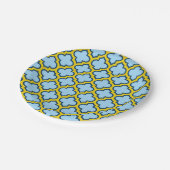 Blaue und gelbe Trellis, Gitter, Quatrefolie Pappteller (Schrägansicht)