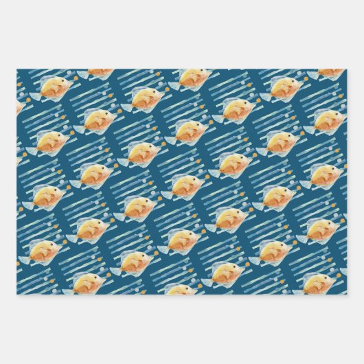 Blaue und gelbe tropische Fische mit festlicher Ko Geschenkpapier Set (Vorderseite 3)