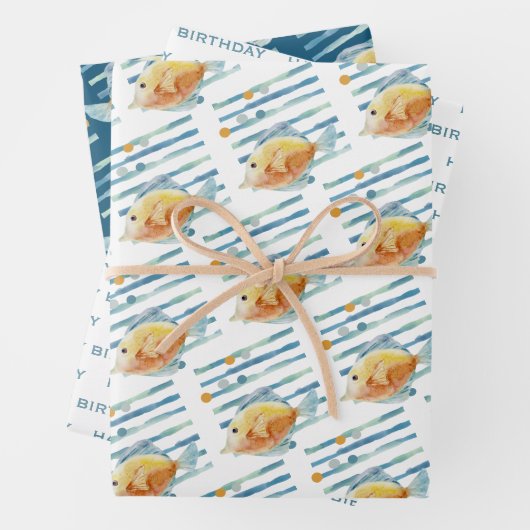 Blaue und gelbe tropische Fische mit festlicher Ko Geschenkpapier Set (Beispiel)