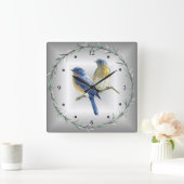 Blaue und gelbe Vögel Grüne Blätterring Blau/Graue Quadratische Wanduhr (Zuhause)