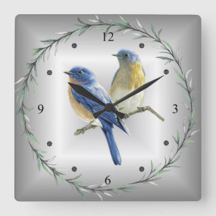 Blaue und gelbe Vögel Grüne Blätterring Blau/Graue Quadratische Wanduhr
