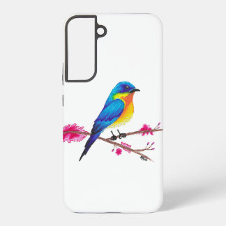Blaue und gelbe Vogelart mit rosa Blume Zeichnend Samsung Galaxy Hülle