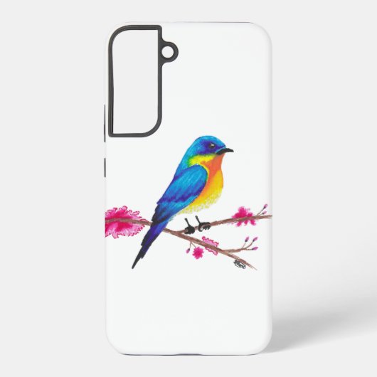 Blaue und gelbe Vogelart mit rosa Blume Zeichnend Samsung Galaxy Hülle (Rückseite)