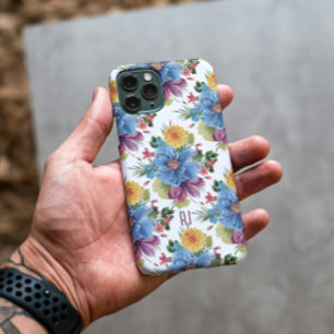 Blaue und gelbe Wasserfarben Blumen Muster Monogra iPhone 15 Pro Hülle