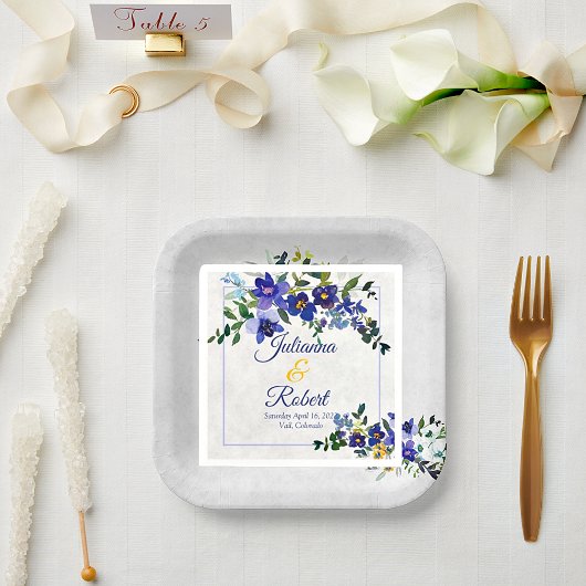 Blaue und gelbe Wasserfarben Hochzeitsnapkins Pappteller