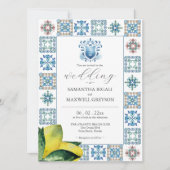 Blaue und gelbe Wasserfarben-Lemon-Hochzeit Einladung (Vorderseite)