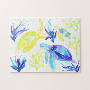 Blaue und gelbe Wasserfarben-Schildkröten Korallen Puzzle