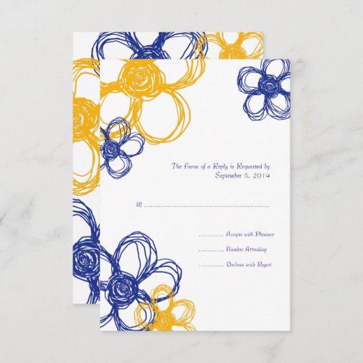Blaue und gelbe wild lebende Blume Hochzeit-RSVP RSVP Karte (Vorne/Hinten)