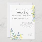 Blaue und gelbe Wildblume farbenfrohe Hochzeit Einladung (Vorderseite)